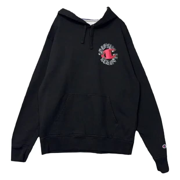 챔피온 블랙 로고 프린팅 후드티 L