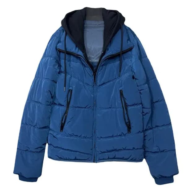 게스 블루 후드 레이어드 캐주얼 패딩 M