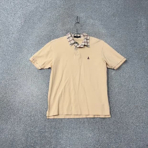 빈폴 베이지 로고 체크 카라 반팔 티 90
