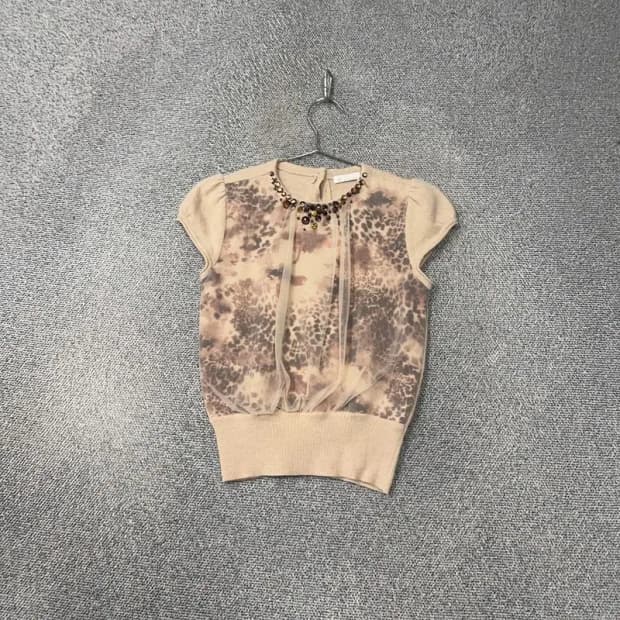 잇미샤 여성 빈티지 패턴 베이지 니트 반팔 82