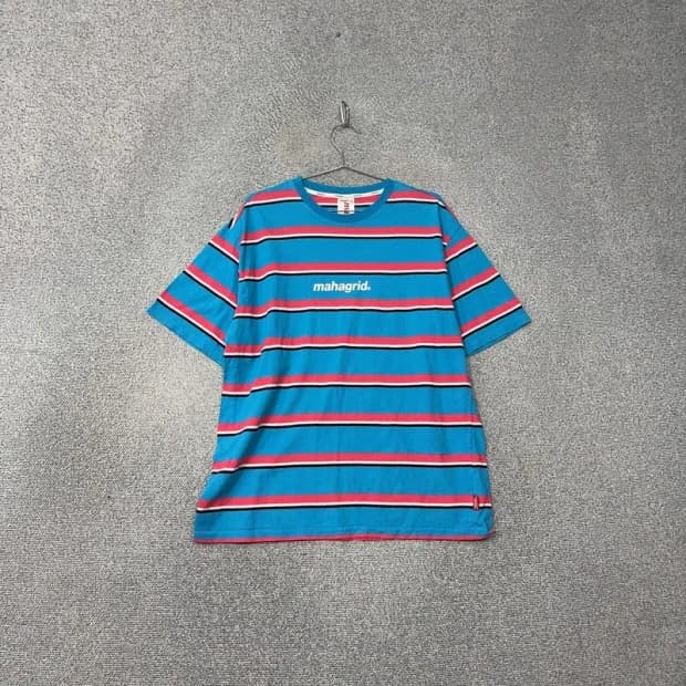 마하그리드 로고 스트라이프 라이트 블루 반팔 티 L