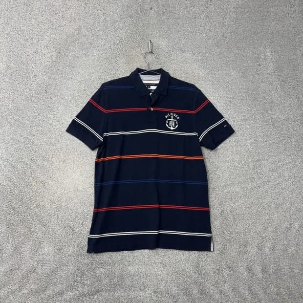 타미힐피거 스트라이프 네이비 자수 로고 반팔 카라티 M