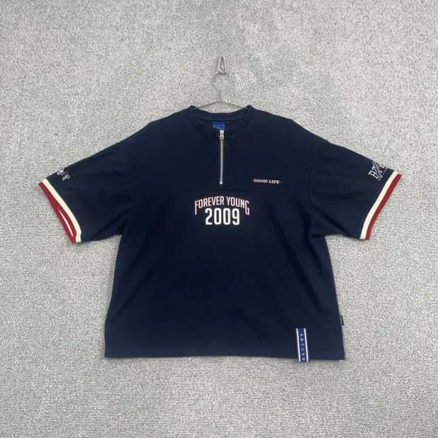 로맨틱크라운 오버핏 반집업 네이비 반팔 티 M