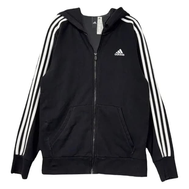 아디다스 블랙 로고 삼선 후드 집업 L