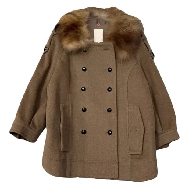 오즈세컨 베이지 폭스 퍼 울 코트 55