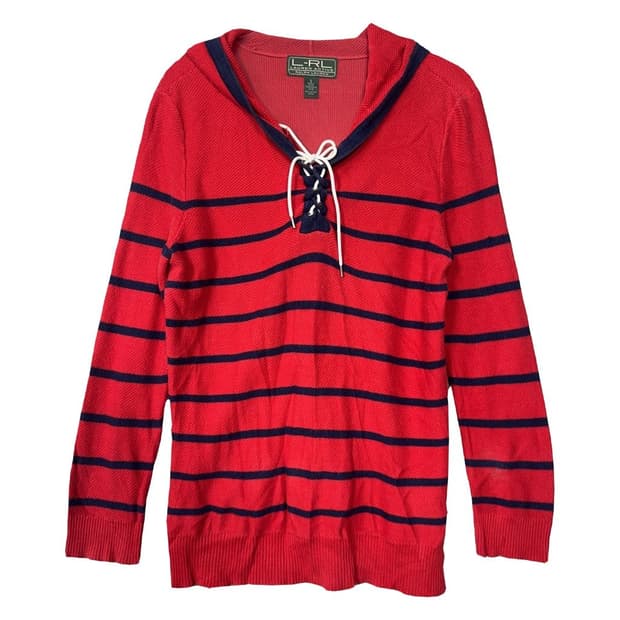 로렌 랄프로렌 단가라 Y2K 와플 코튼 스트라이프 레드 롱 후드 니트 S