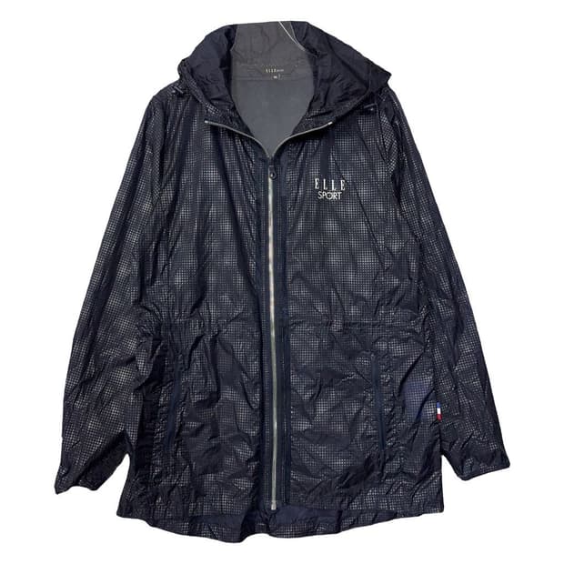 엘르 체크 네이비 로고 기능성 롱 후드 바람막이 95