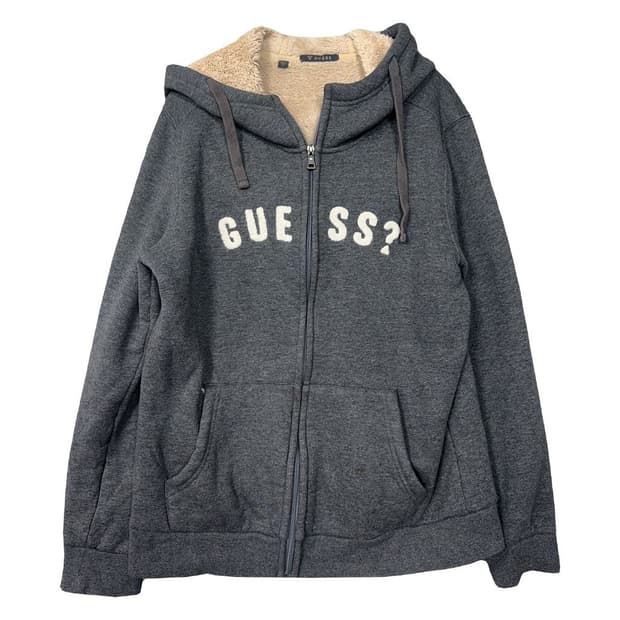 게스 스펠 로고 양털 그레이 후드 집업 L