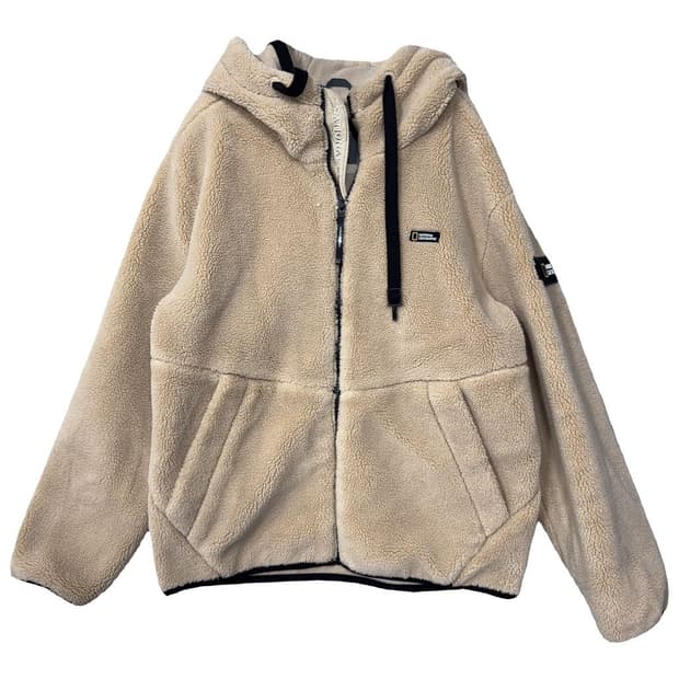 내셔널지오그래픽 베이지 양털 뽀글이 로고 후리스 후드집업 XL