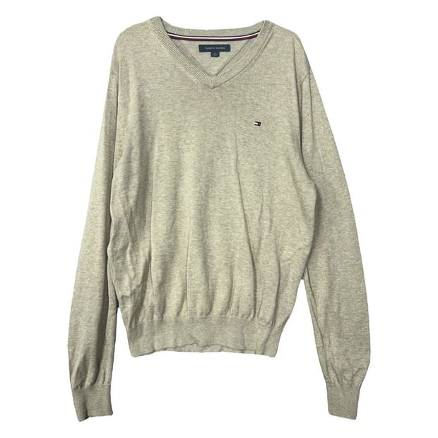 타미힐피거 베이지 오트밀 브이넥 로고 니트 S/P