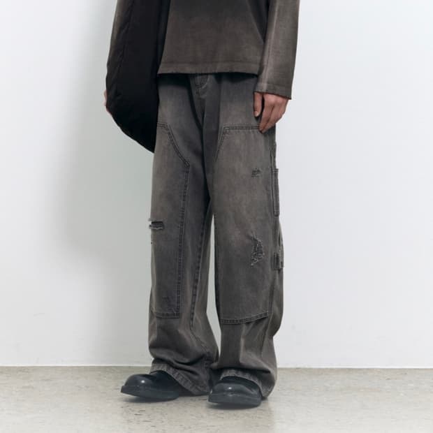 인사일런스 디스트로이드 더블니 팬츠 Washed black L사이즈
