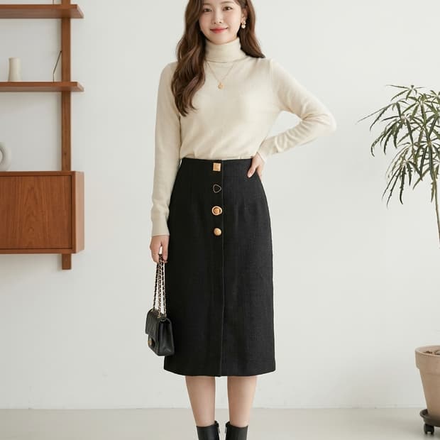 칼라거펠트 파리스 블랙 트위드 버튼 미디 스커트