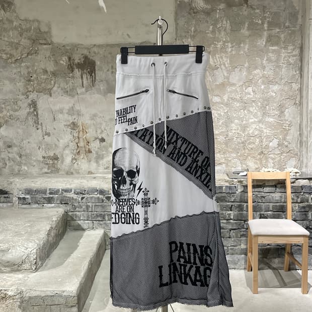 고스트 오브 할렘 화이트 y2k 스컬 네트 펑키 롱 스커트