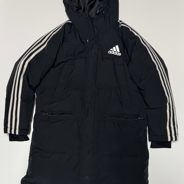 여성 아디다스 삼선 후드 다운 롱패딩 150 블랙