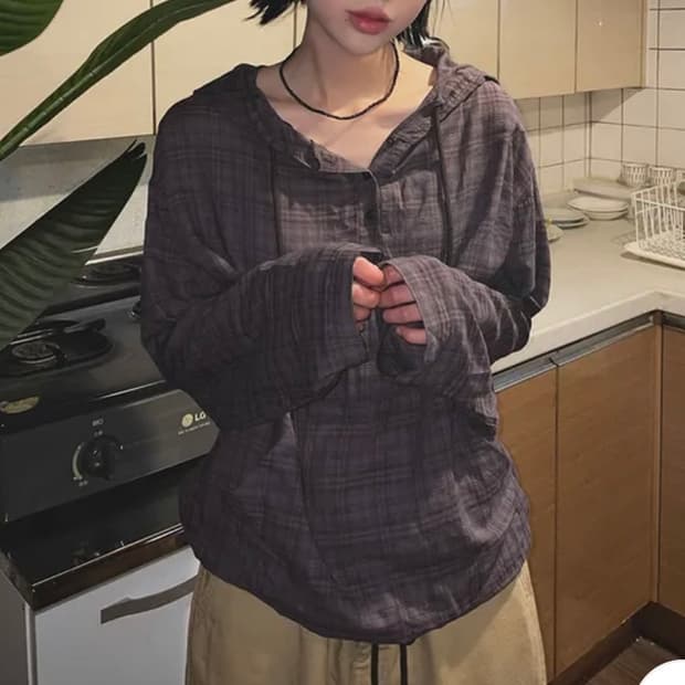 새상품) 체크 후드 (포켓 빈티지 스트링 버튼 셔츠 에이블리 보세)