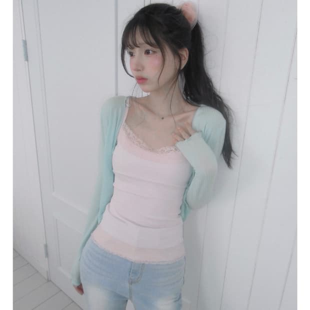 잔느 하트드롭 레이스 하트 큐빅 나시 핑크
