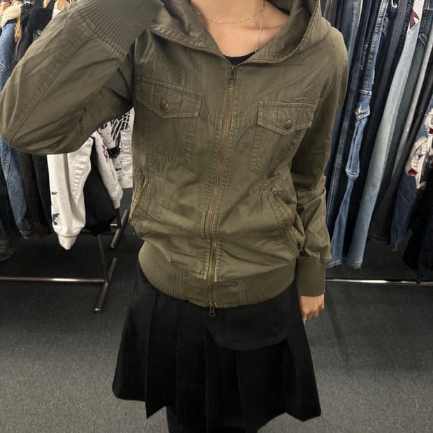 M)Purple&Yellow 빈티지 여성 투웨이 포켓 디테일 야상 후드집