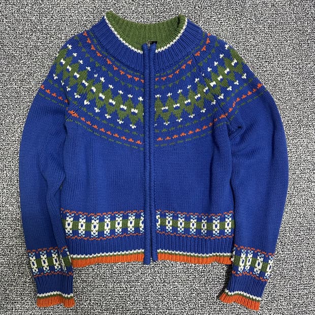 (100) 빈티지 패턴 니트 집업 가디건 블루