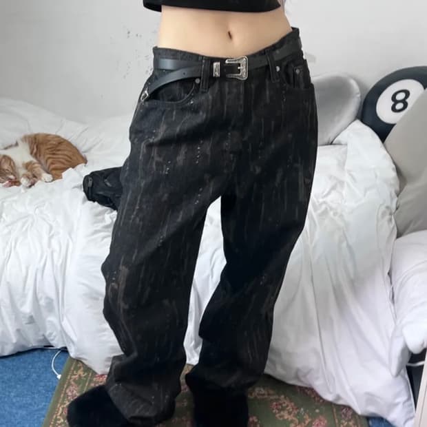[미착용/새제품] 데미지 펀칭 데님 와이드 팬츠 블랙