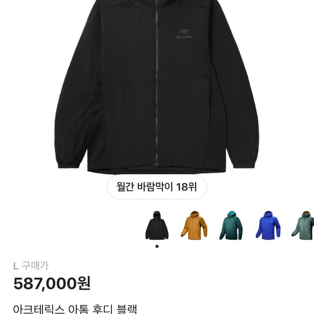 아크테릭스 아톰 후드 블랙 L size