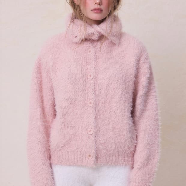 더오유 세일러 하이넥 니트 가디건 베이비 핑크