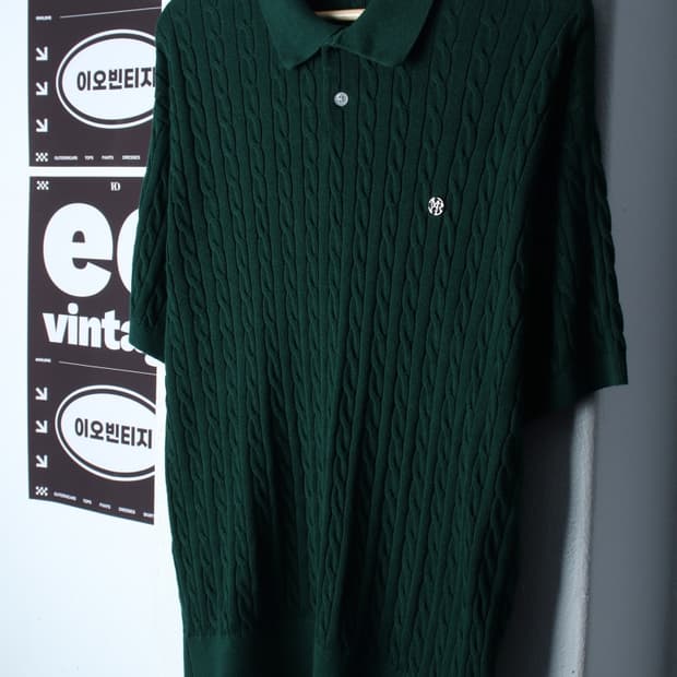 (XL-2XL) 메르고 반팔 카라 티셔츠 니트 케이블 그린-H35307