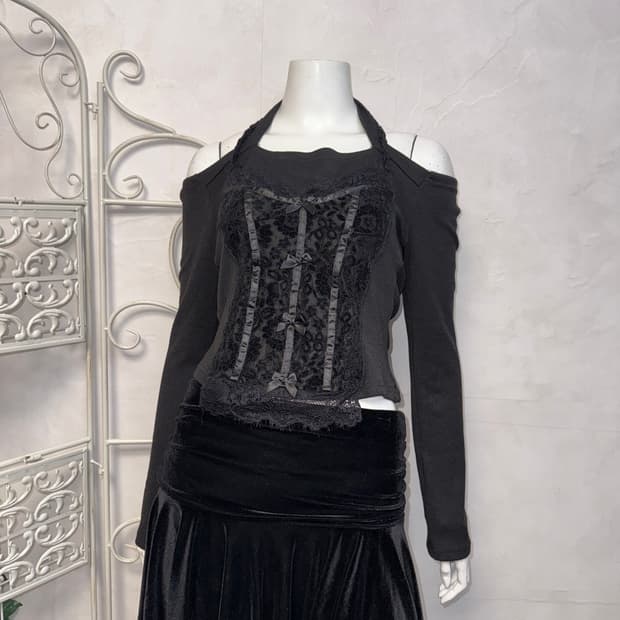 Black oriental floral lace halter knit