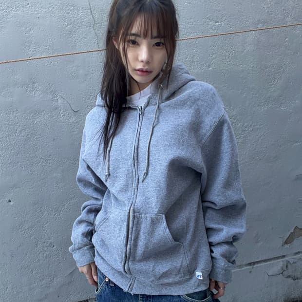 90s RUSSELL grey over hood zip-up