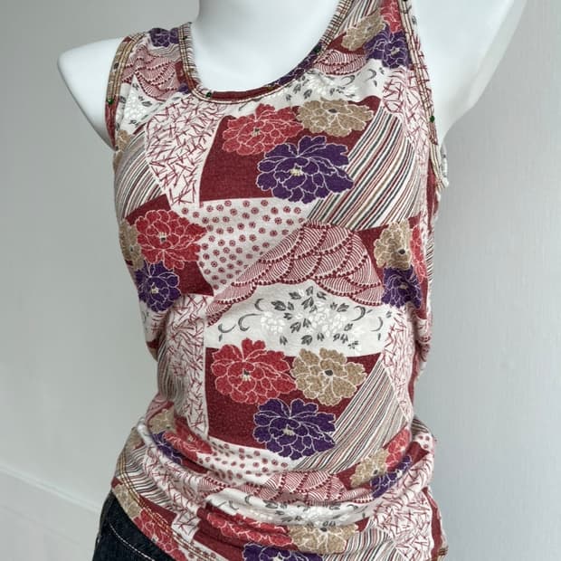 기모노 플라워 패치 큐빅 슬리브리스