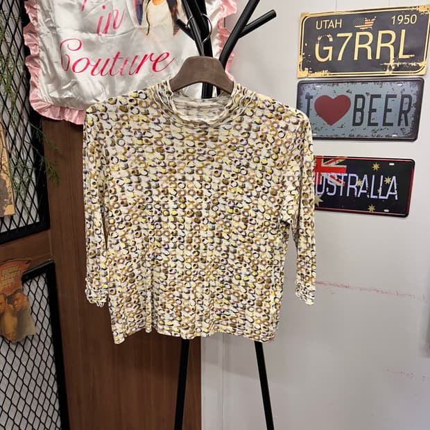 Ivory Color Dot Pattern Mock Neck Top 