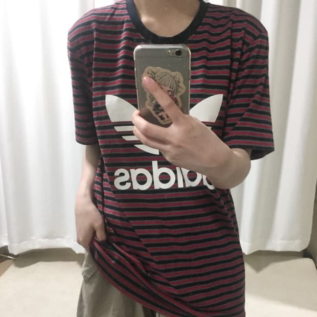 아디다스 레드 블랙 스트라이프 단가라 줄무늬 파이어버드 빅로고 반팔 티