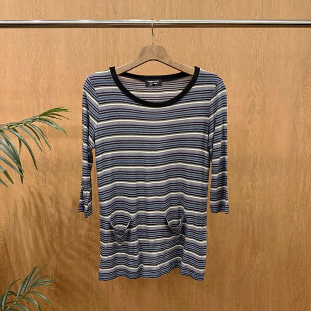 소니아 리키엘 스트라이프 배색 라운드넥 비즈 포켓 디테일 블루