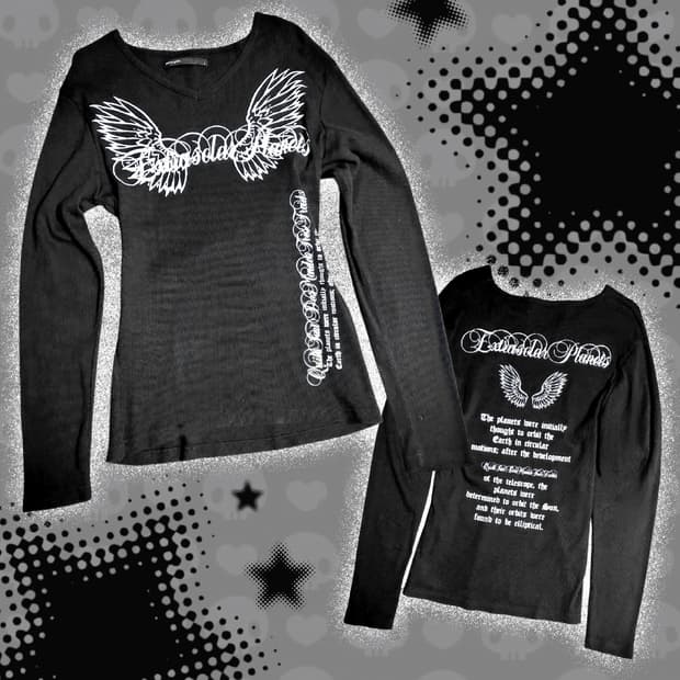 펑크 갸루 고딕 고스 emo 이모 / 앞뒤 프린팅 날개 레터링 골지 긴팔