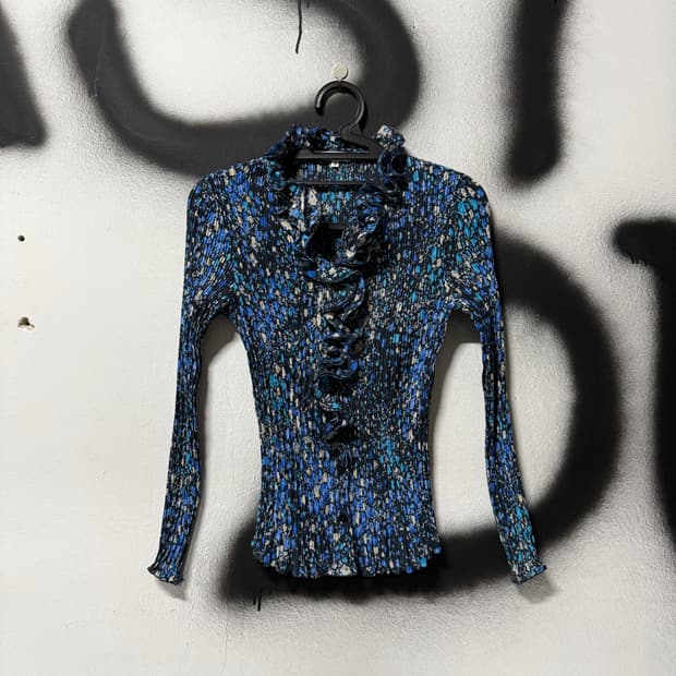 Hanae Mori 하나에 모리 플라워 풀 패턴 플리츠 러플 블라우스