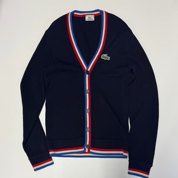 여성 라코스테 빅 로고 프레피룩 울 가디건 S 네이비
