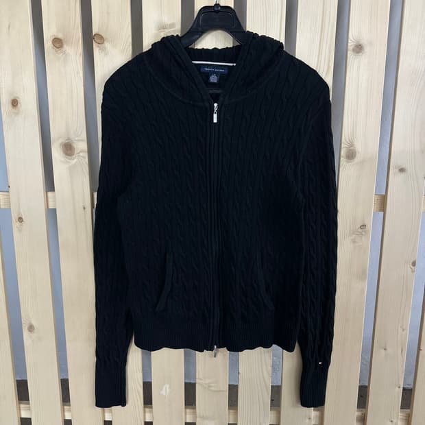 (L) 타미힐피거 블랙 케이블 니트 집업