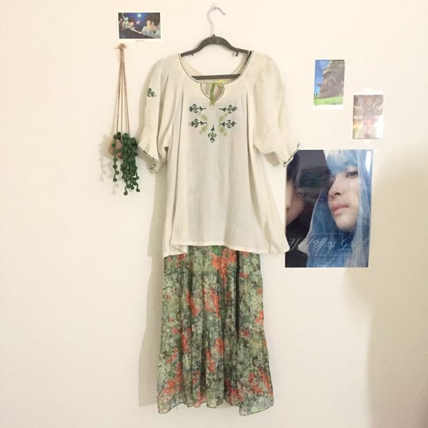 2P 초록색 하구미 자수 블라우스 원피스 코디 세트