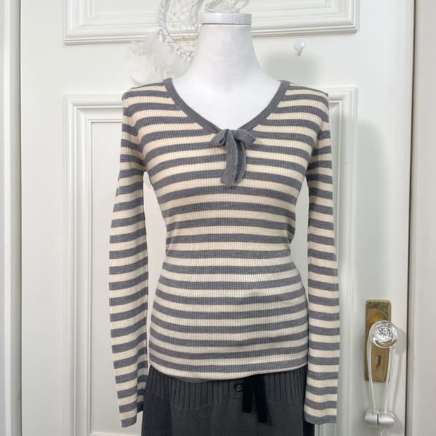 IENA ivory gray stripe bow point wool sl