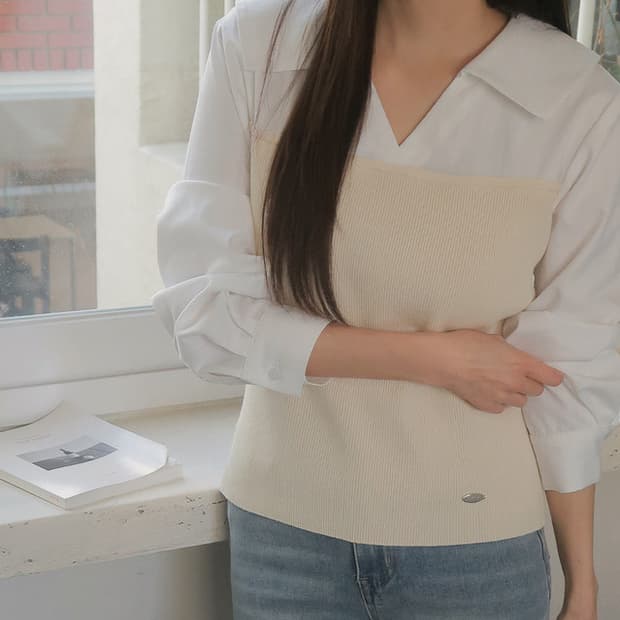 리리앤코 출근룩 배색 셔츠 오픈카라 니트