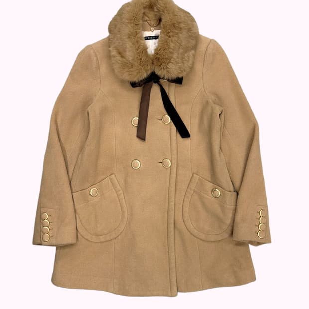 fur collar ribbon beige coat
