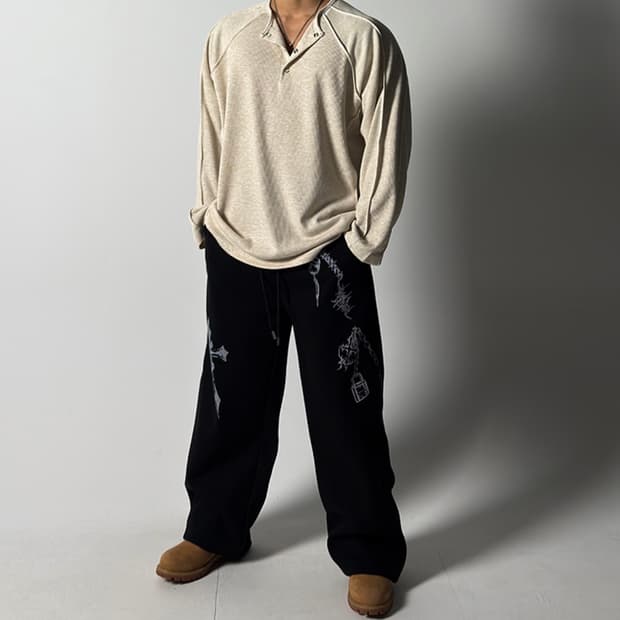 빅사이즈 골지 데끼 헨리넥 레글런 긴팔 티셔츠