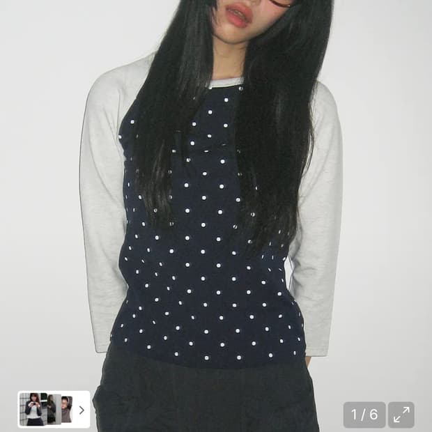 썸플레이스 도트 배색 나그랑 래글런 롱 슬리브리스 티