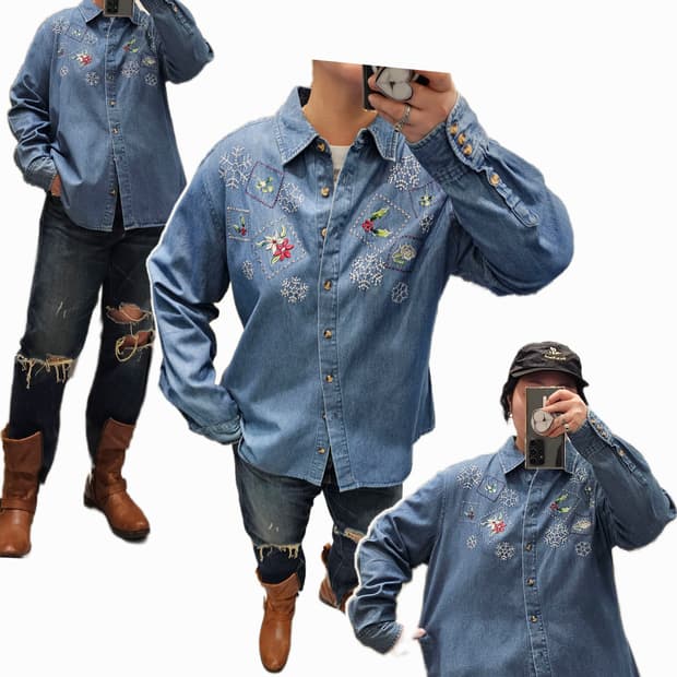 USA Holiday editions 자수 데님 셔츠