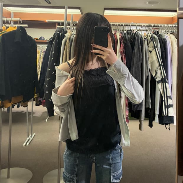 L)Japanese vintage 여성 레이스 블랙 나시 