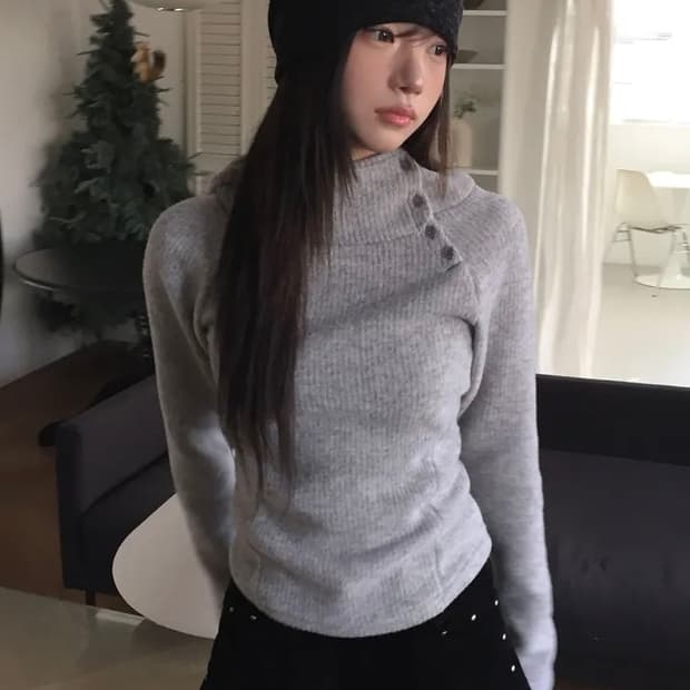 모디무드 후린 기모 하이넥 골지 후드 니트 그레이, 베이지, 차콜