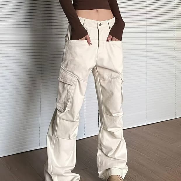 베이지 카고 바지 와이드 팬츠 빈티지