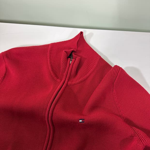 L 타미힐피거 레드 기본로고 투웨이 100% 메리노울 니트집업