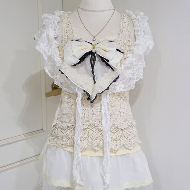 엑시즈팜 일본빈티지)스즈코 모리걸 아이보리 크로셰 니트 뷔스티 베스트