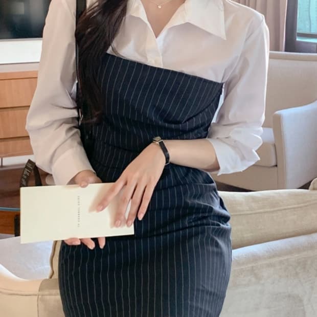 렌느 REINE 레이어드 스트라이프 셔츠 원피스 S