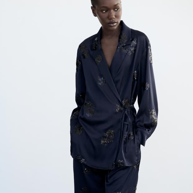 zara 자라 스팽클 새틴 네이비 와이드 스트랩 블레이져 자켓 M 새상품